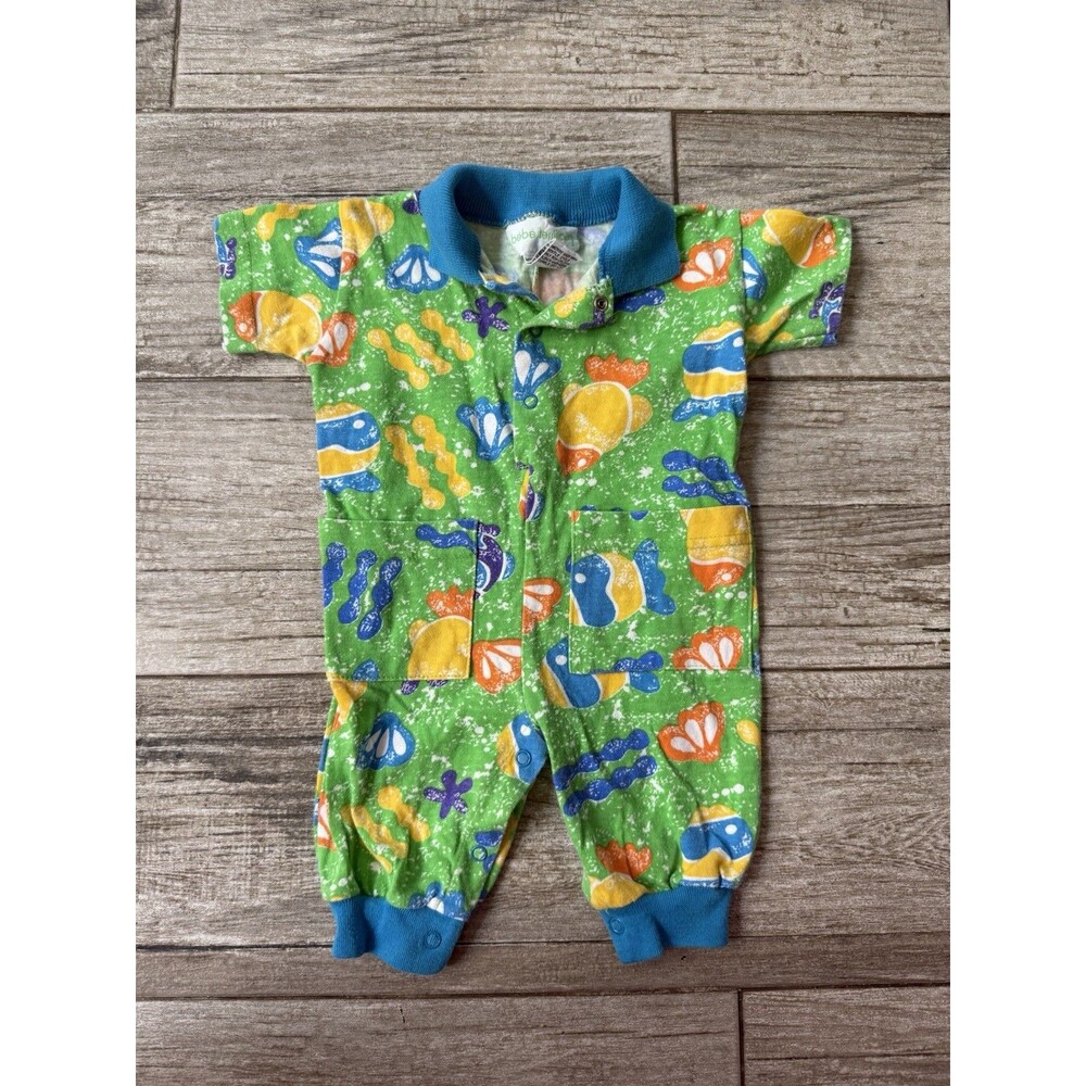 Vintage 90s Bebe Terrifique 3/6 months Colorblock one piece romper Fish